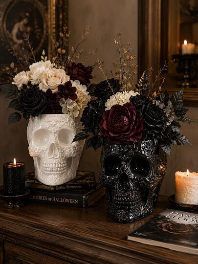 1pc Gothic Floral Embossed Skull Vase, Glossy Skull Flower Vase For Dried & Fresh Flowers, Dark Aesthetic Home Table Decor, Halloween Spooky Ornament Unique Gift