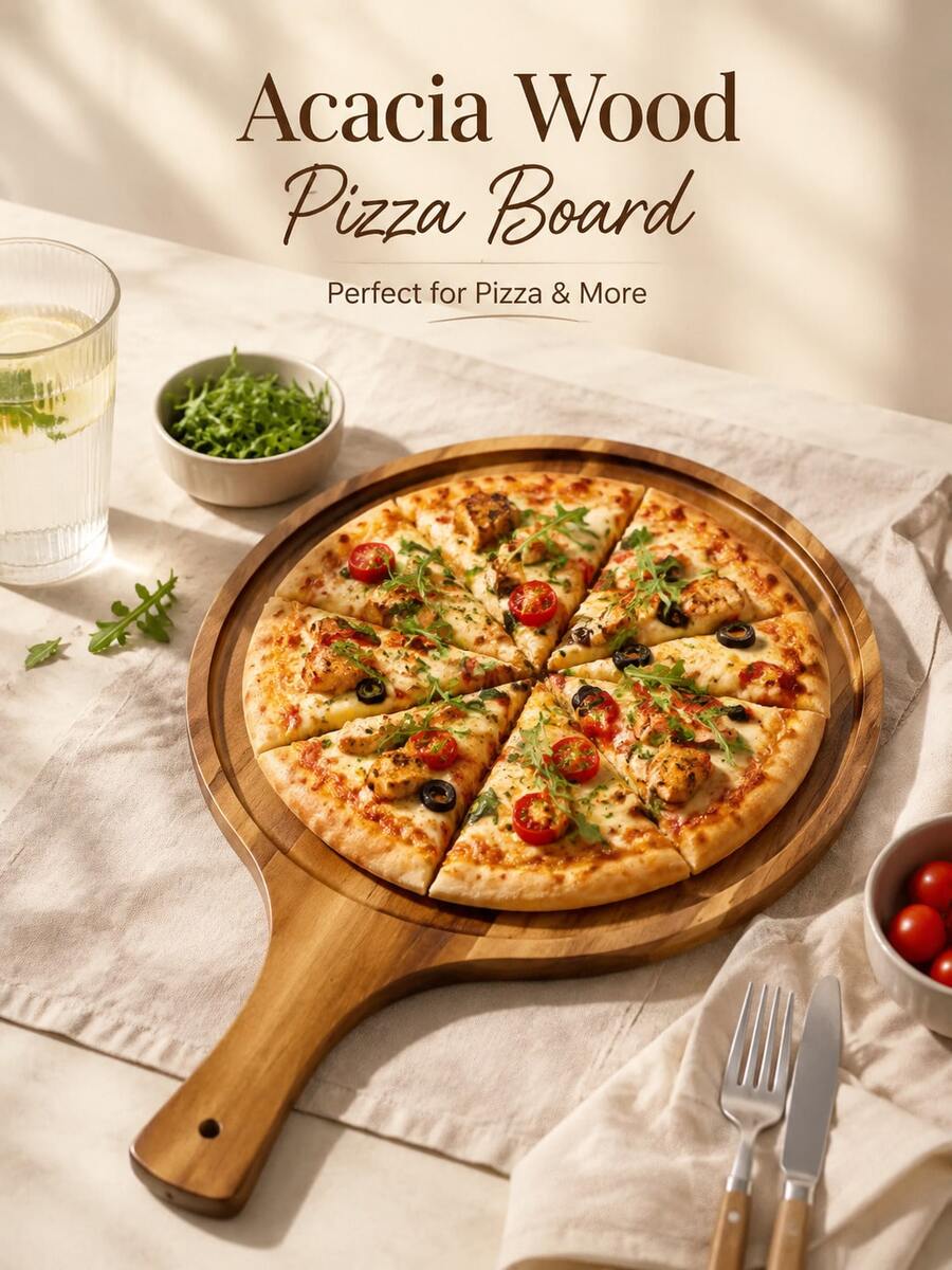 1pc Wooden Pizza Serving Tray With Handle, Natural Wood Pizza Cutting Board, Multi-Functional Baking Tool And Kitchen Accessory, Suitable For Homemade Pizza, Bread, Cheese, Fruit And Vegetables, Perfect Gift For Halloween, Easter, Christmas - View 1
