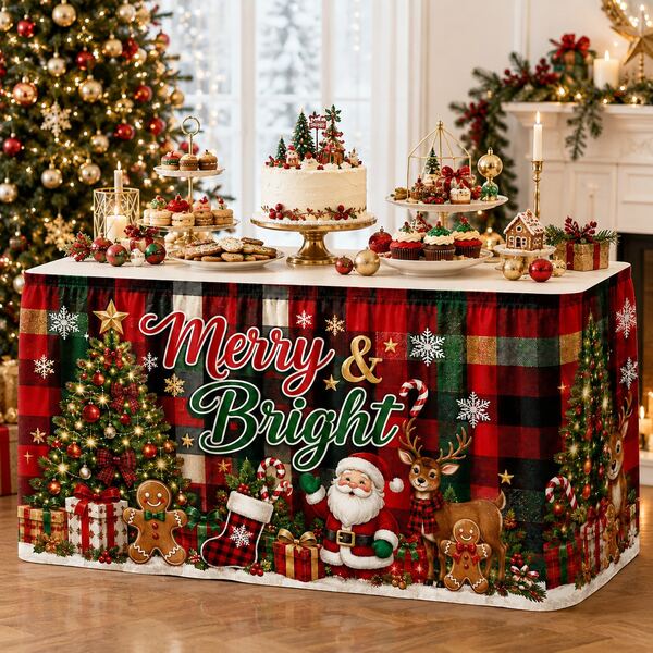 Christmas Table Skirt With Santa Claus Gingerbread Reindeer Print, Buffalo Plaid Holiday Polyester Table Cover, Rustic Farmhouse Xmas Party Decoration For Dining Room, Family Gathering, Winter Home Decor