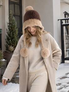 Colorblock Plush Warm Ear Protection Windproof Winter Hat With Pom Pom And Tassel, Soft Warm Headwear For Women, Suitable For Snow Outdoor Daily Wear, 4 Colors Available - Multiple Styles - View 7