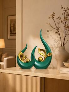 2pcs Green & Gold Abstract Art Sculpture Decor, Modern Decorative Statue Ornament, Luxury Home Decor Accent For Living Room, Coffee Table, Bookshelf, Entryway Console, Office Desk, Bedroom - A - View 4