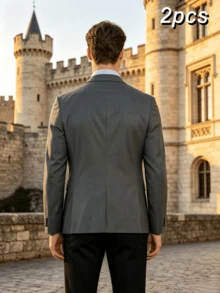 Elegant Men's Luxury 2 Pieces Suit, Grey Slim Fit Single-Breasted Double-Button Notch Lapel Blazer With Black Dress Pants, Sophisticated Business Formal Outfit For Office, Banquet, Wedding And Ceremony - Multicolor - View 4