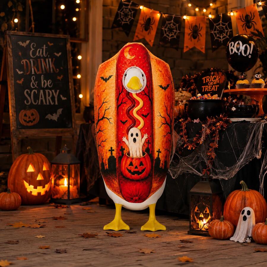 Halloween Hot Dog Porch Goose Outfit, Ghost Pumpkin Bat Print Costume For 23 Inch Goose Statue, Fall Porch Lawn Yard Garden Patio Decor(Goose Sculpture Not Included) - Type a - View 1