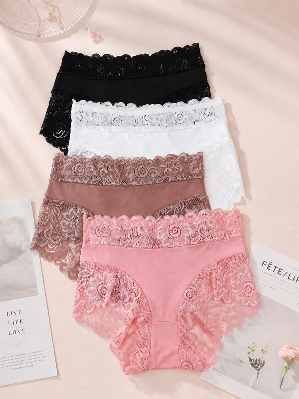 4-Pack Of Women's Triangle Lace-Trimmed Panties, Soft And Skin-Friendly, Suitable For Everyday Wear,Ropa Interior De Mujer,Panties For Women,Panties.