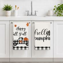 2PCS Kitchen Towels Autumn Black & White Plaid Pumpkin Truck Pattern, Pastoral Farm Style Microfiber Material Soft Kitchen Towels Dish Cloths, Hand Towels, Tablecloths, Kitchen Decor, Kitchen Cleaning, Bathroom Cleaning, Holiday Party Decor, Kitchen & Bathroom Supplies Home Essentials, Home Decor, Housewarming Gift - Black and White - View 8