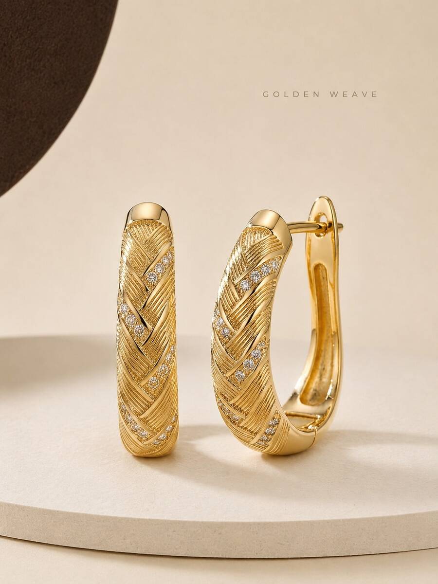 CHICAT French Vintage Gold-Plated Woven Texture Cubic Zirconia Thick Hoop Earrings, Daily Fashion Personalized Jewelry - Gold - View 1