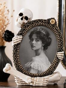 1pc Gothic Skull Photo Frame, Vintage Skeleton Tabletop Picture Frame With Ornate Oval Design, Decorative Frame For Desk, Bookshelf, Mantel & Home Decor - A - View 5