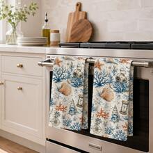 2pcs Ocean Theme Hand Towels - Modern Marine Animal Pattern, Durable Polyester Material, Machine Washable, Suitable For Bathroom And Kitchen Decor, Create Coastal Home Atmosphere | Ocean Theme Decor | - Multicolor - View 2
