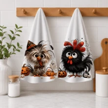 2pcs Fluffy Chick Halloween Pattern Kitchen Towels, Suitable For Dishwashing And Hand Drying, Decorative Kitchen Towels, Gift For Neighbors, Warm Housewarming Gift For Friends, Gift For Mom, And Birthday Gift For Friends, Halloween Gift - Multicolor - View 9