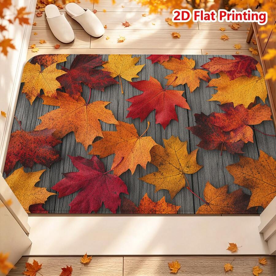1/2pcs Autumn Door Mat, Autumn Maple Leaf Pattern Flannel Rug, Comfortable Soft Absorbent Non-Slip Machine Washable, Multi-Functional Home Entrance Hallway Kitchen Bathroom Bedroom Patio Decor, Thanksgiving Autumn Holiday Atmosphere Decoration - Multicolor - View 1