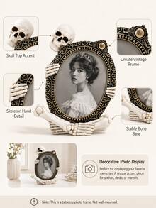 1pc Gothic Skull Photo Frame, Vintage Skeleton Tabletop Picture Frame With Ornate Oval Design, Decorative Frame For Desk, Bookshelf, Mantel & Home Decor - A - View 3
