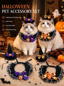 1pc Halloween Pet Costume Accessory Set, Witch Hat And Lace Bib, Holiday Bow Pumpkin Decor Pet Collar, Fashion Lace Neck Accessory, Suitable For Cats And Dogs Holiday Party Dress Up - Multicolor - View 1