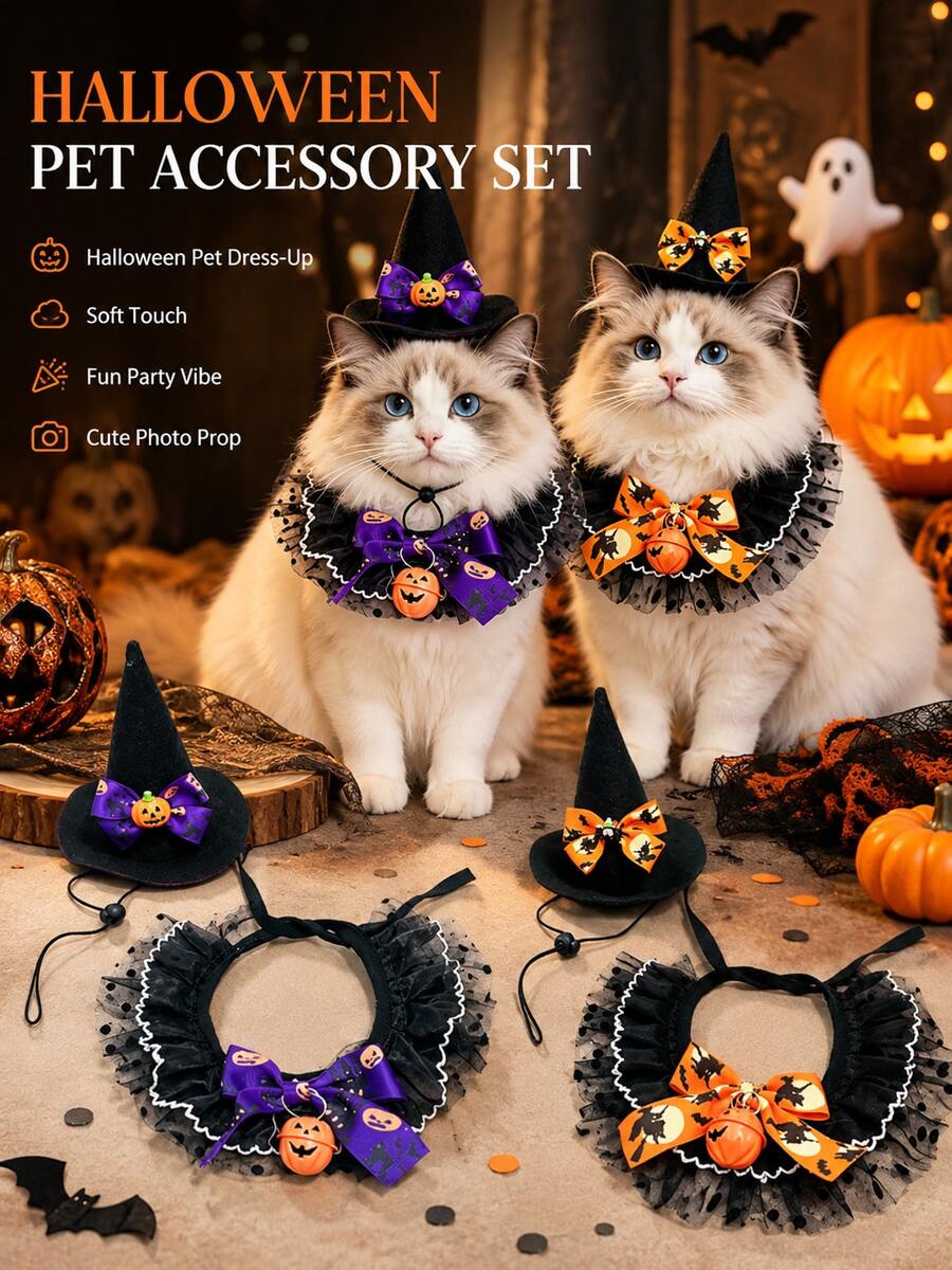 1pc Halloween Pet Costume Accessory Set, Witch Hat And Lace Bib, Holiday Bow Pumpkin Decor Pet Collar, Fashion Lace Neck Accessory, Suitable For Cats And Dogs Holiday Party Dress Up - Multicolor - View 1