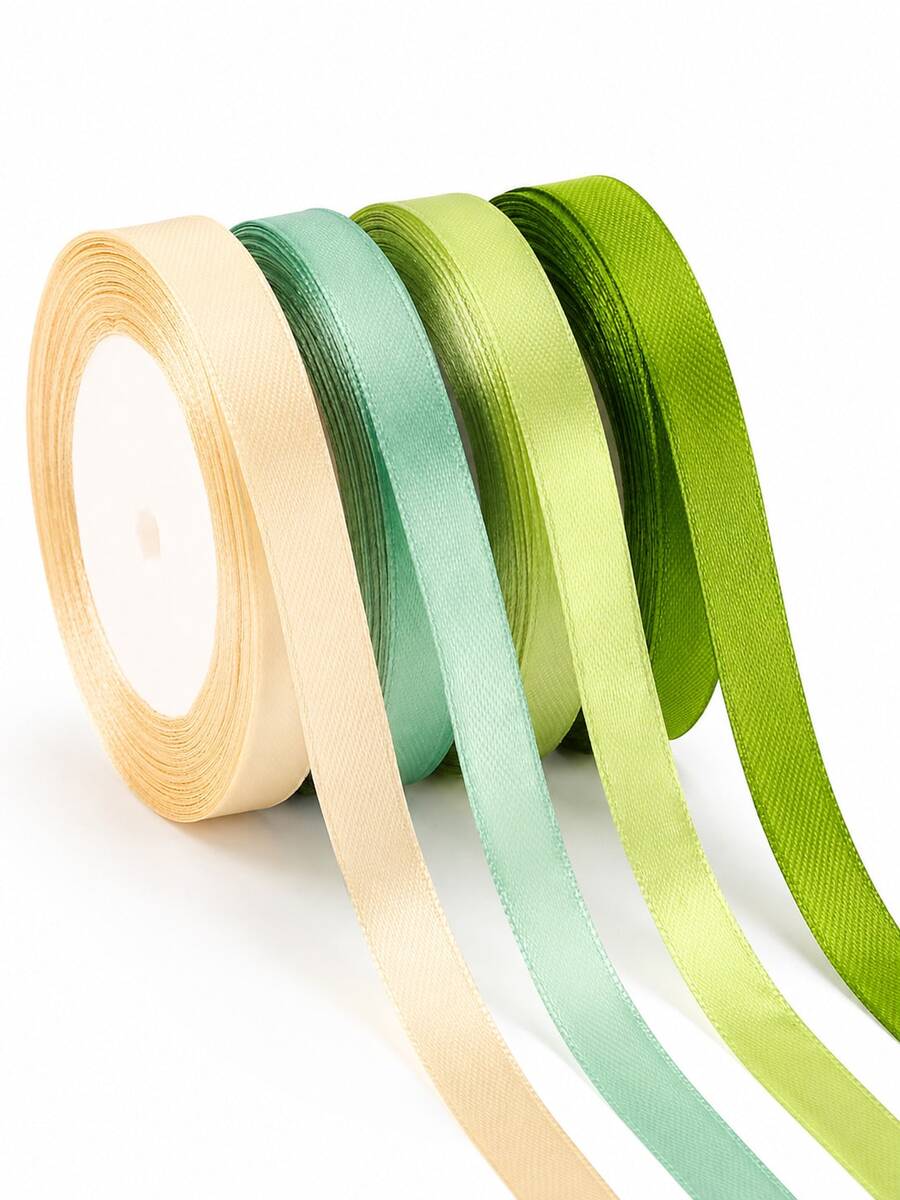 4 Rolls Sage Green Satin Ribbon, 25 Yards Per Roll, Total Length 100 Yards, Width 10mm. Ribbon Features Multiple Green Tones, Made Of Polyester Fiber, Suitable For Eid, Christmas Gift Wrapping, Wedding Decoration, DIY Crafts And More. - Green Series*4 Rolls - View 1