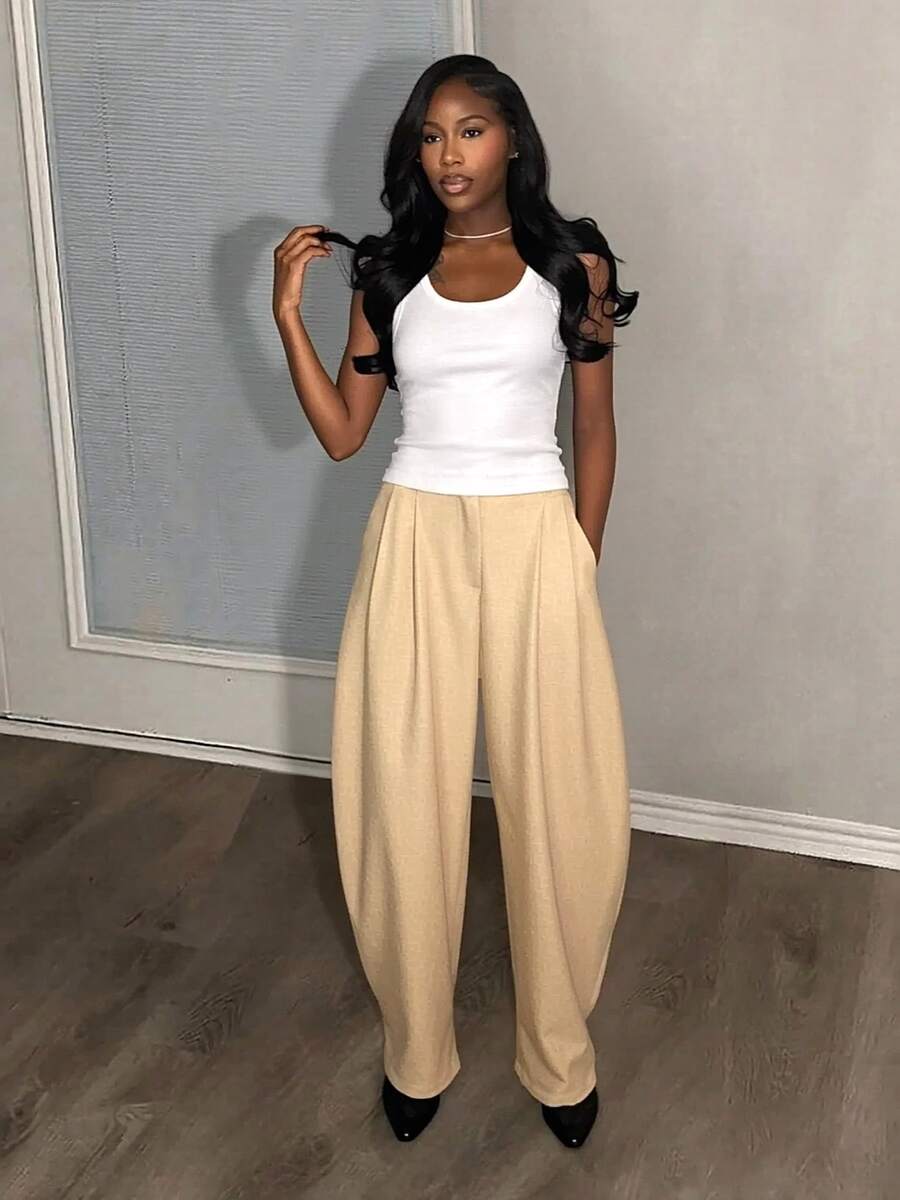 Women's Solid Color Casual Versatile Daily Wear Curved Leg Pants - Apricot - View 1