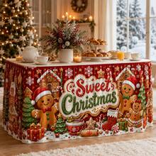 Cute Christmas Table Skirt, Sweet Christmas Gingerbread Man Print Tablecloth, Featuring Gingerbread House, Candy Cane, Snowflake, Christmas Tree And Gift Design, Holiday Party Decoration, Suitable For Family Dinner And Home Decor - A - View 6