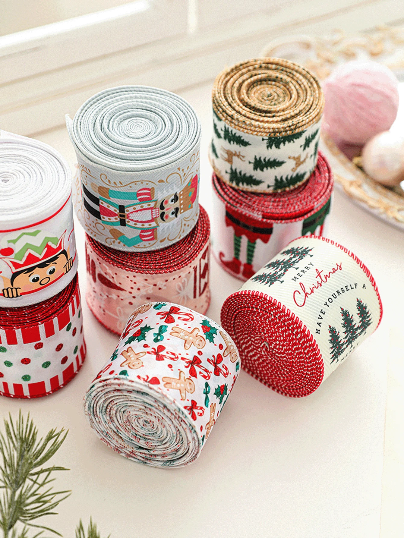 Cute Christmas Wired Edge Ribbon Roll Nutcracker Gingerbread Holly Printed Satin Ribbon For Gift Wrapping DIY Bow Making Wreath Tree Decor Aesthetic Festive Party Craft Supplies