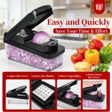 12-In-1 Multifunctional Food Chopper With 7-Blade Professional Onion Chopping Head, Large Capacity Food Storage Container, Vegetable Chopping, Salad Slicing, Pasta Cutting, Cheese Grating Functions, Hand Protection Anti-Scratch Design, Suitable For Potatoes, Carrots, Garlic And Other Fresh Fruits And Vegetables, All-In-One Kitchen Tool For Home Meal Prep And Light Salad Making, Easy To Disassemble And Wash, And Effortless Cooking Utensil For Beginners - Black - View 12