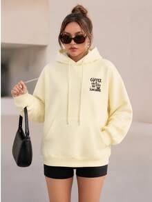 1pc Women's Pale Yellow Hooded Sweatshirt, Leopard Print Coffee Cup Slogan Graphic, Vintage Y2K Style Casual Fall - Apricot - View 4