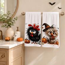2pcs Fluffy Chick Halloween Pattern Kitchen Towels, Suitable For Dishwashing And Hand Drying, Decorative Kitchen Towels, Gift For Neighbors, Warm Housewarming Gift For Friends, Gift For Mom, And Birthday Gift For Friends, Halloween Gift - Multicolor - View 1