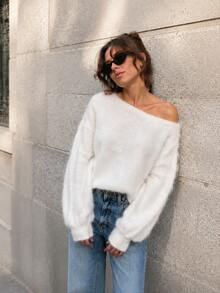 Women's Soft Off Shoulder Knitted Sweater Long Sleeve Drop Shoulder Knit Top For Fall Winter - White - View 3