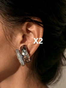 Punk Style Gold And Silver Non-Pierced Thick Round Clip-On Earrings, Stackable Ear Clip Set, Luxury Textured Old Money Style Jewelry, Featuring Hammered Embossed Metal Texture And Densely Set Sparkling Rhinestone Design, Suitable For Daily Commute, Evening Party, Date And Business Occasions, No-Ear-Piercing Wearers Can Create Stacked Looks, High-Quality Accessory, Perfect Birthday And Holiday Gift For Best Friends (Single Ear Clip Is In Open State, Gently Press Towards The Center To Achieve The Pictured Style) - Diamond Earrings - View 9