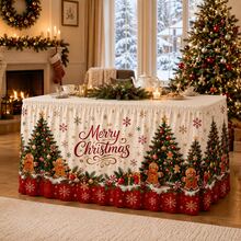 Elegant Christmas Tablecloth, Merry Christmas Print Tablecloth With Christmas Tree, Gingerbread Man, Snowflake, Pine Branch And Gift Elements, Cozy Holiday Party Decoration, Suitable For Family Dinner, Holiday Home Decor - A - View 1