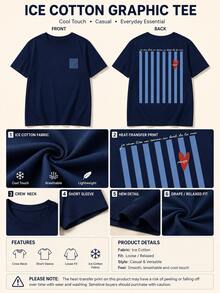 Summer New Arrival Simple Fashion Blue Striped Print Casual Round Neck Short Sleeve T-Shirt, Versatile Stylish T-Shirt For Women - Navy Blue - View 8