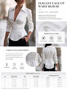 Women's Fall White Lapel Deep V Ruched Long-Sleeve Satin Shirt, Wrap Cinched Waist Flared Hem Blouse,Occasion Wear For Business Banquet Commuting - White - View 6