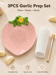 1/3pcs Garden Theme Ceramic Garlic Grinding Plate Set, Garlic Grinder And Ginger Grinder, Dip Plate With Silicone Garlic Peeler And Cleaning Brush, Multi-Functional Kitchen Tool Suitable For Garlic, Ginger, Carrot, Yam, Butter, Housewarming Gift - Garden-themed Garlic Press - View 4