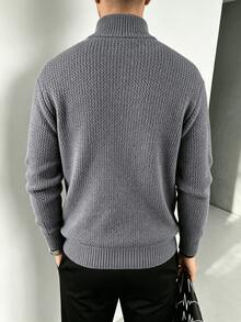 Men's Textured Stand Collar Zip-Up Knit Cardigan, Solid Color Soft Fluffy Loose Fit Commuter Business Versatile Autumn/Winter Sweater Jacket - Grey - View 2