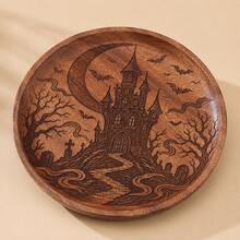 1pc Halloween Walnut Wood Carved Round Wooden Plate, Western Style Dinner Plate, Steak Plate, Candy Plate, Fruit Plate, Solid Wood Pizza Board, Tray, Holiday Decoration Tray - View 1