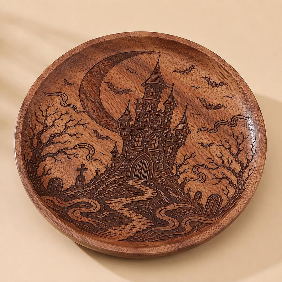1pc Halloween Walnut Wood Carved Round Wooden Plate, Western Style Dinner Plate, Steak Plate, Candy Plate, Fruit Plate, Solid Wood Pizza Board, Tray, Holiday Decoration Tray - View 1