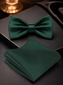 1SET (2pcs) Solid Color Bow Tie & Pocket Square Set, Adjustable Bow Tie & Handkerchief Combo, Suitable For Daily Wear, Wedding, Party, Cocktail, Banquet - Dark Green - View 1