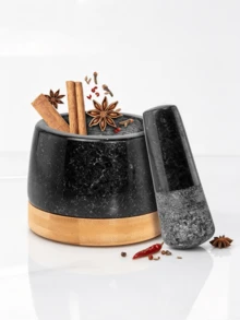 14cm Natural Granite Mortar Set With Extended-Handle Pestle And Wooden Stand – Manual Grinding Bowl For Spices, Herbs And Nuts At Home – European-Style Kitchen Utensils - Black - View 9