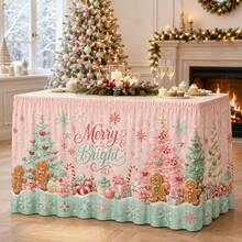 Merry & Bright Christmas Tablecloth, Macaron Candy Color Polyester Fabric, Printed With Gingerbread Man, Christmas Tree, Snowflake And Candy Cane 2D Patterns, Suitable For Holiday Parties, Family Dinners And Home Decor - A - View 1