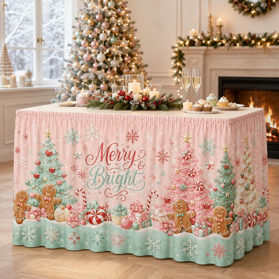 Merry & Bright Christmas Tablecloth, Macaron Candy Color Polyester Fabric, Printed With Gingerbread Man, Christmas Tree, Snowflake And Candy Cane 2D Patterns, Suitable For Holiday Parties, Family Dinners And Home Decor - A - View 1