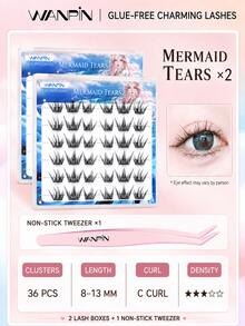 WANPIN WAN PIN Mermaid 36 Clusters Glue-Free Cluster False Eyelashes, 7.5-13.5mm Self-Adhesive False Eyelashes, Ultra-Thin Eyelash Segments, Lightweight Soft Natural, Rounded R-Angle Design, Quick And Convenient Application - C - View 8