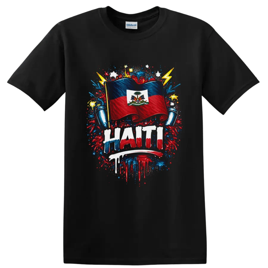 Haiti Flag T Shirt W/ Vibrant Red Blue Paint Splatter Patriotic Heritage Tee - 黑色的 - 查看 1