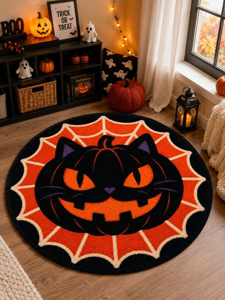 1PC Halloween Theme Round Rug, Decorative Carpet, Floor Mat, Cradle Mat, Suitable For Living Room, Bedroom, Study, Warm Home Decor Atmosphere Rug, Gentle New Style, Fresh And Healing Style, Fits Creamy Style Bedroom, Girl Style Bedside Area And Other Bedroom Decor Scenes, Small Rug, Carpet, Home Decor, Living Room Rug, Living Room Small Rug, Bedroom Rug, Living Room Home Decor, Outdoor Rug, Washable Rug - Multicolor - View 1