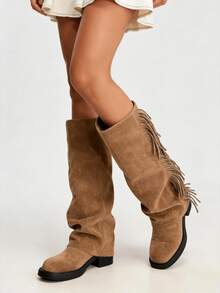 Women's Ruched Slouchy Mid Calf Boots Faux Suede Fringe Cowboy Western Fold Over Boots Chunky Heels Vintage Pleated Pull On Dress Wide Calf Boots - 棕色 - 查看 3