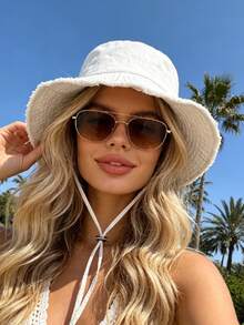 1pc Women's Drawstring Bucket Hat, Adjustable Chin Strap Design, Distressed Effect, Soft Fabric, Sun Protection, Windproof, Fashionable Versatile, Suitable For Travel, Beach, Vacation, Daily Casual - A - View 1