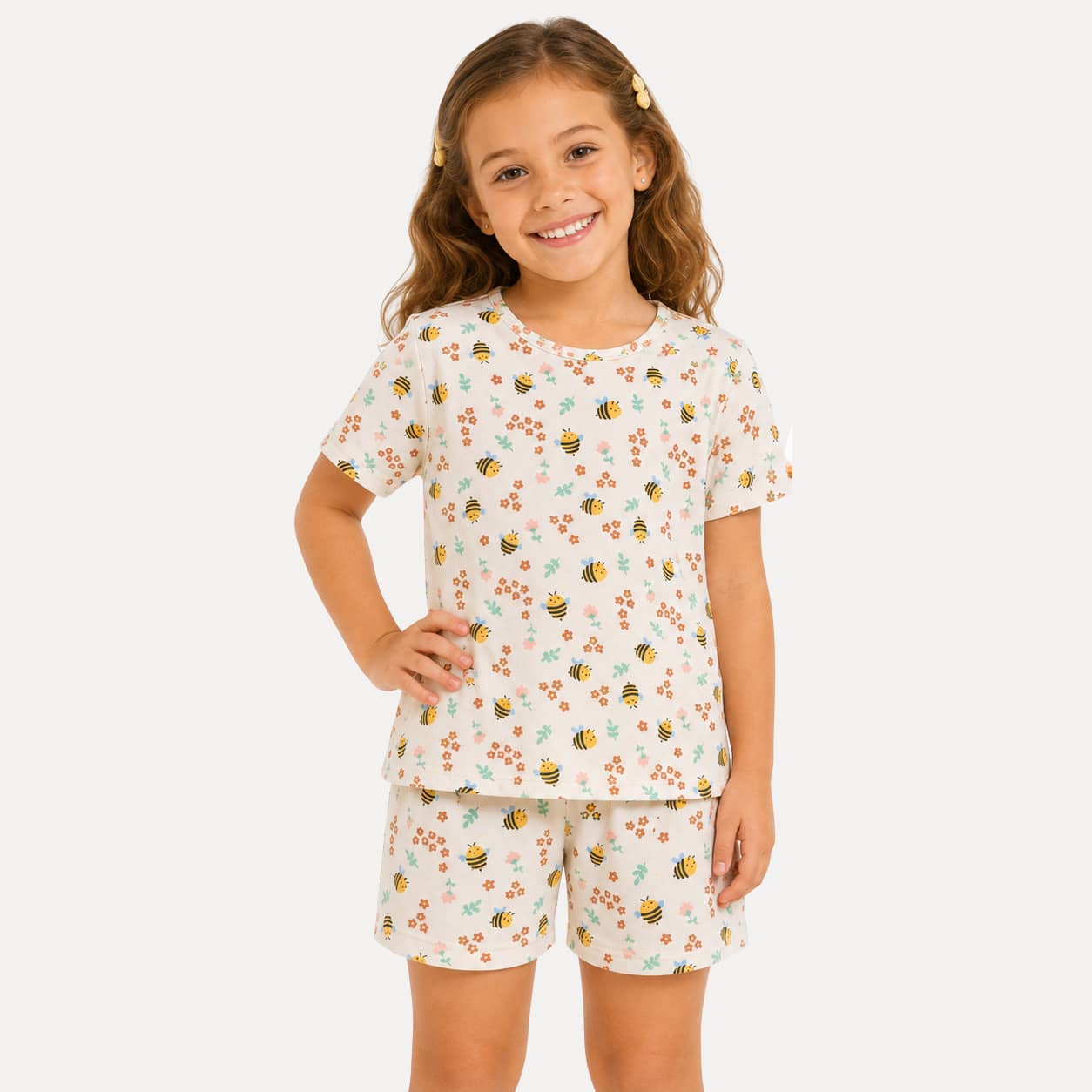 Pijama Infantil Menina Short Doll Suede Blusa Manga Curta e Short Confortável 4 ao 10 - abelinha - Visão 1