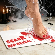 Keset Kamar Mandi Merah yang Berubah Warna Saat Terkena Air, Karpet Dekoratif Bermotif Jejak Kaki dan Telapak Tangan Berwarna-warni yang Menyeramkan - A - View 4