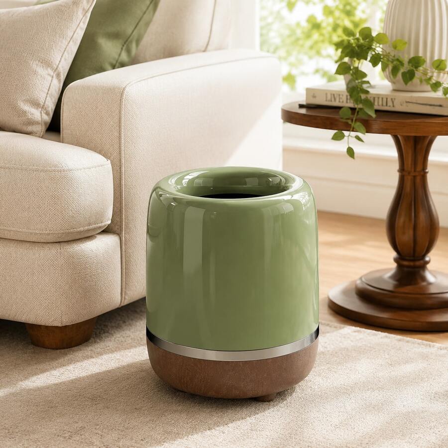 1pc Large Capacity Double Layer Trash Can, 360° Rotating Wheels Lidless Garbage Bin, Suitable For Living Room, Bedroom, Bathroom, Kitchen, Office, Luxury Home Decor Trash Can, Modern Home Decor Garbage Bin, Easy To Clean, Space-Saving, Mother's Day Gift - Vintage Green - View 1