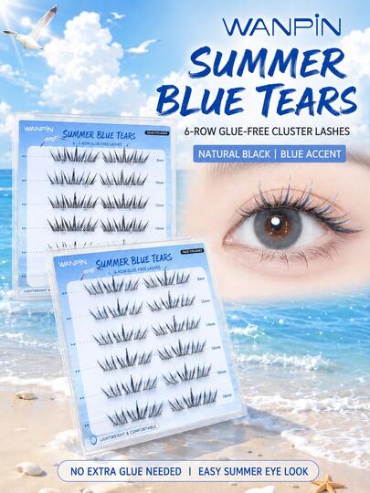 WANPIN WAN PIN Blue Tears 36 Clusters Glue-Free False Eyelashes, 9-11.5mm Natural Thin Cluster Lashes, V-Shaped Cross Lash Design, Self-Adhesive Fine Lash Band, Soft Curly Manga Eye Makeup, 2 Colors Available