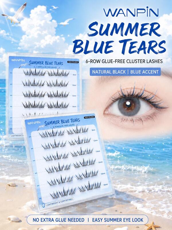 WANPIN WAN PIN Blue Tears 36 Clusters Glue-Free False Eyelashes, 9-11.5mm Natural Thin Cluster Lashes, V-Shaped Cross Lash Design, Self-Adhesive Fine Lash Band, Soft Curly Manga Eye Makeup, 2 Colors Available