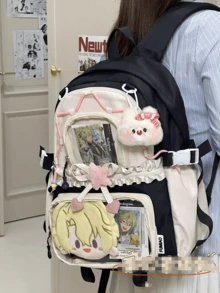 1件甜美女孩時尚後背包，蕾絲抽繩設計展現精緻優雅，日系校園風大容量學生背包，雙隔層多口袋拼色設計，高品質輕量學生肩背包，日系動漫可愛DIY痛包透明裝飾包 - 黑色 - 查看 3