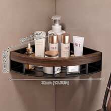 1pc No-Drill 2-Tier Bathroom Corner Shelf, Wall-Mounted With Hooks Shower Storage Rack, Waterproof Self-Adhesive Shampoo Soap Toothbrush Organizer, Large Capacity Space-Saving Storage Rack, Wood Grain Black Bathroom Kitchen Corner Shelf - Multicolor - View 12