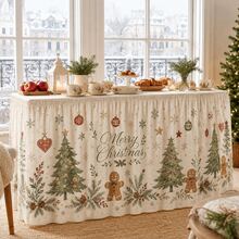 Christmas Table Skirt, Printed With Merry Christmas Pattern, Farmhouse Style Holiday Decor, Featuring Christmas Tree, Gingerbread Man, Snowflake And Pine Branch Designs, Comfortable Polyester Tablecloth, Suitable For Christmas Dinner Party, Family Gathering, Kitchen And Home Decor - A - View 4